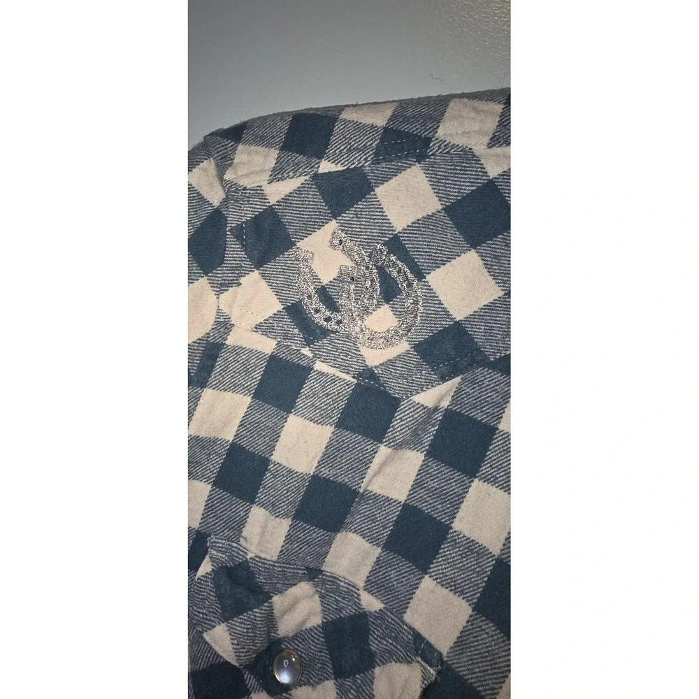 Bit & Bridle Women's Pearl Snap Western Flannel Shirt Teal & White Sz XL Cowgirl